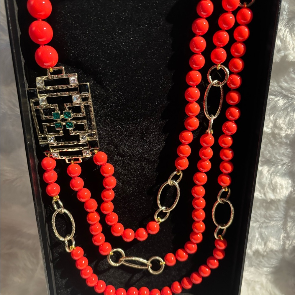 Heidi Daus Red Beaded Necklace with Gold and Green Accents